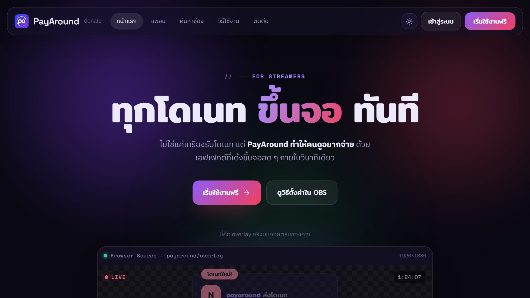 PayAround home page, donation alerts on stream through an OBS overlay